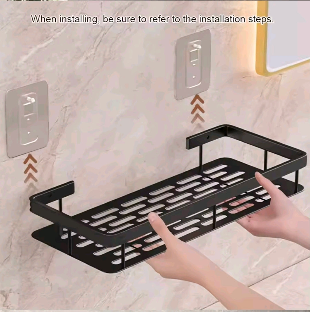Étagère Murale Salle de Bain & Cuisine Sans Perçage – Lot de 2 Organisateurs Adhésifs en Aluminium Noir