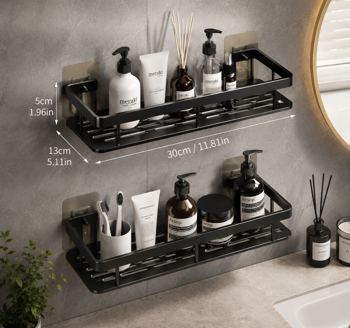 Étagère Murale Salle de Bain & Cuisine Sans Perçage – Lot de 2 Organisateurs Adhésifs en Aluminium Noir