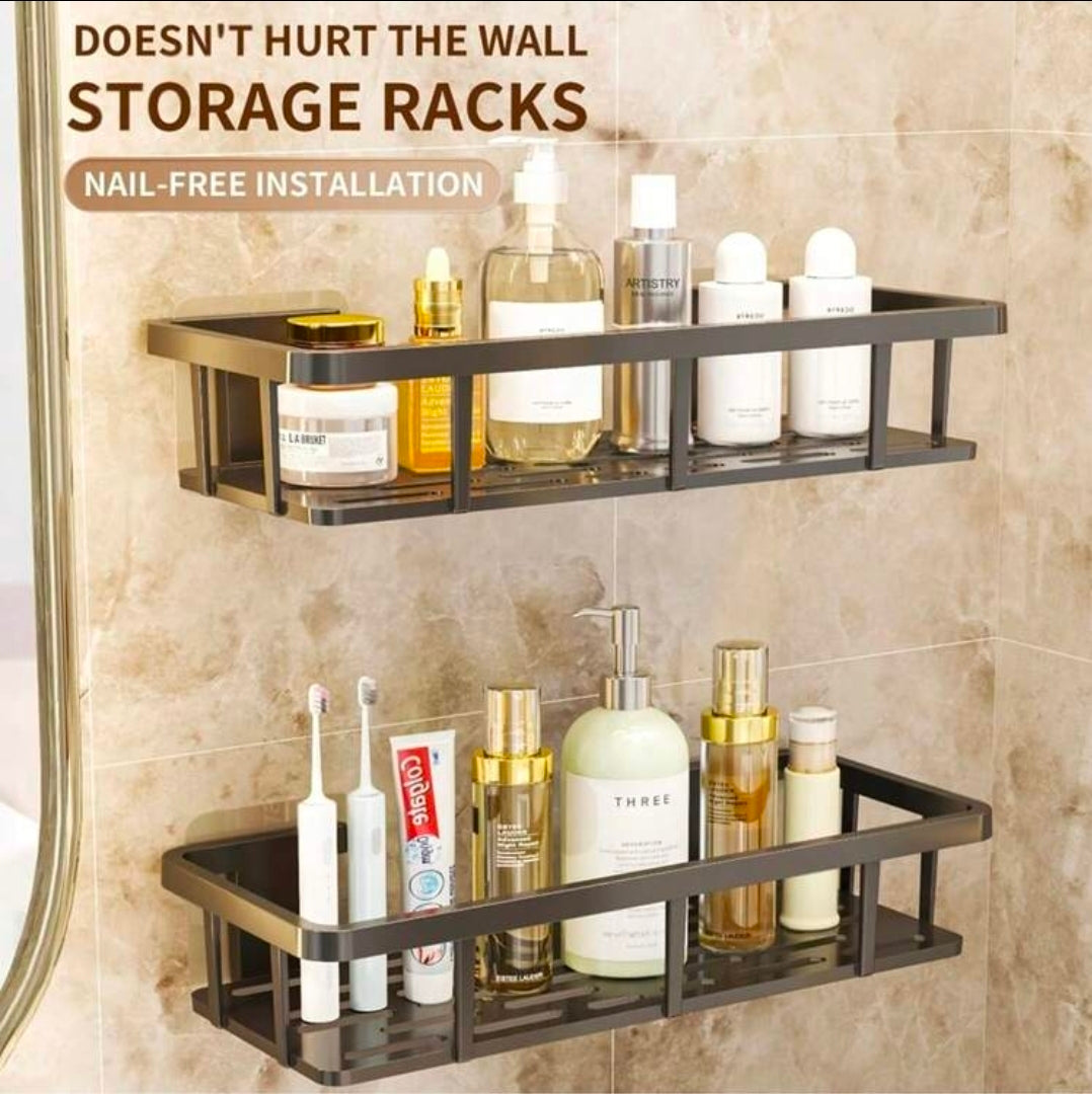 Étagère Murale Salle de Bain & Cuisine Sans Perçage – Lot de 2 Organisateurs Adhésifs en Aluminium Noir
