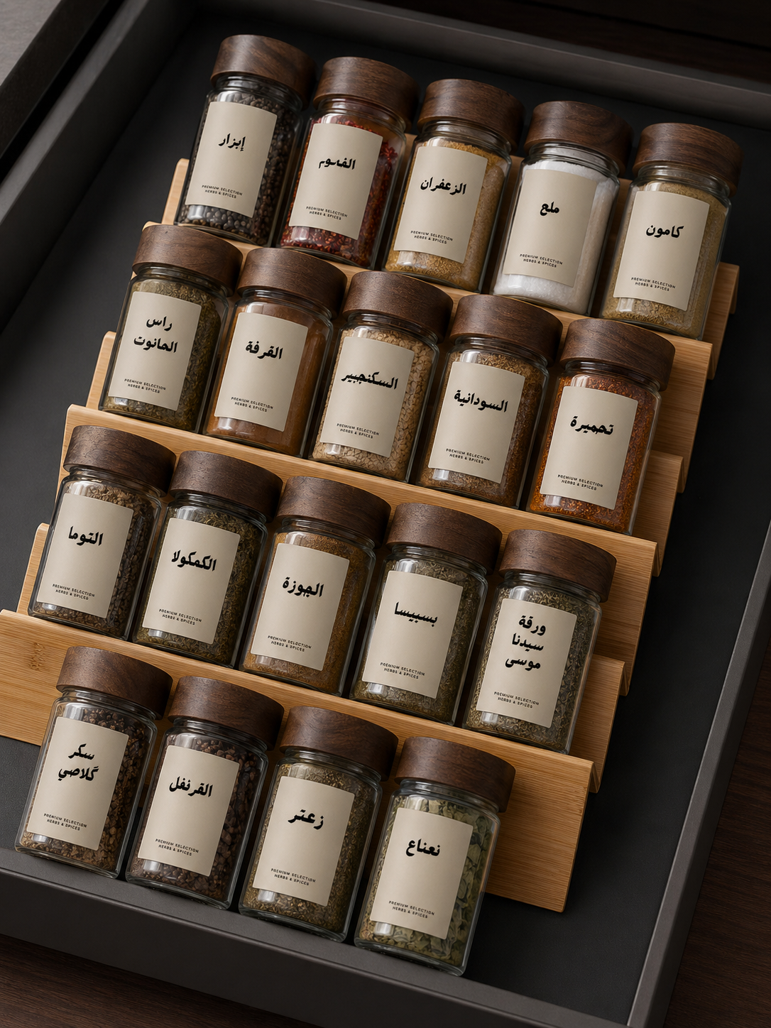 Set de 16 Pots à Épices avec Étagères en Bambou + Étiquettes