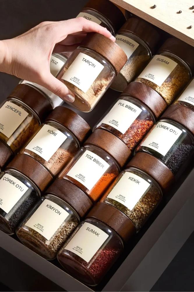 Set de 16 Pots à Épices avec Étagères en Bambou + Étiquettes