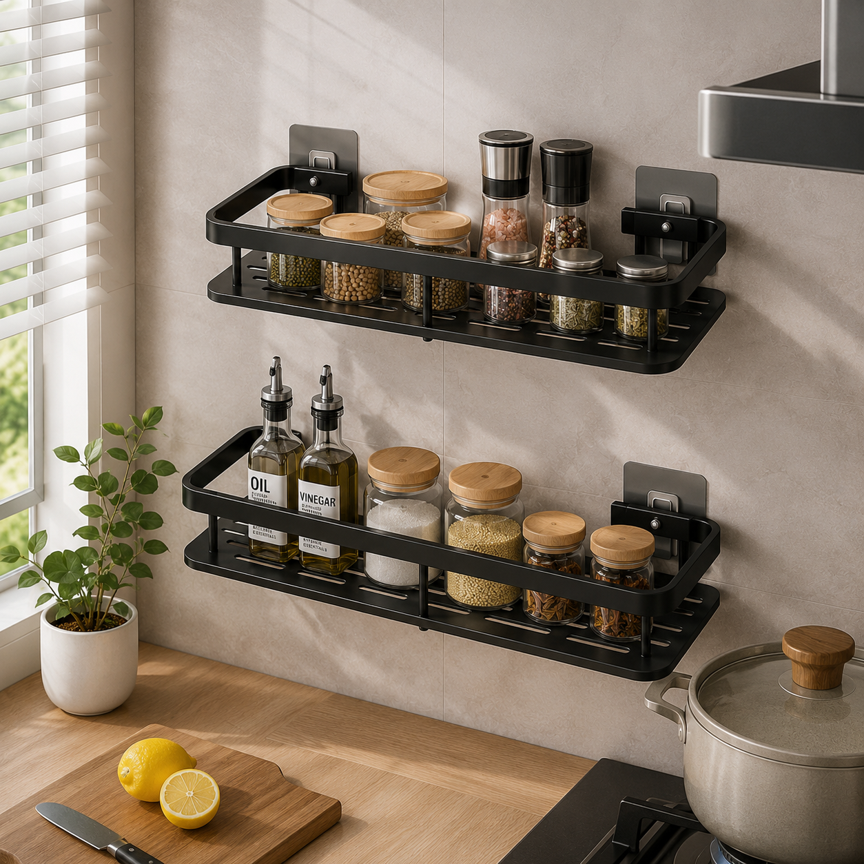 Étagère Murale Salle de Bain & Cuisine Sans Perçage – Lot de 2 Organisateurs Adhésifs en Aluminium Noir