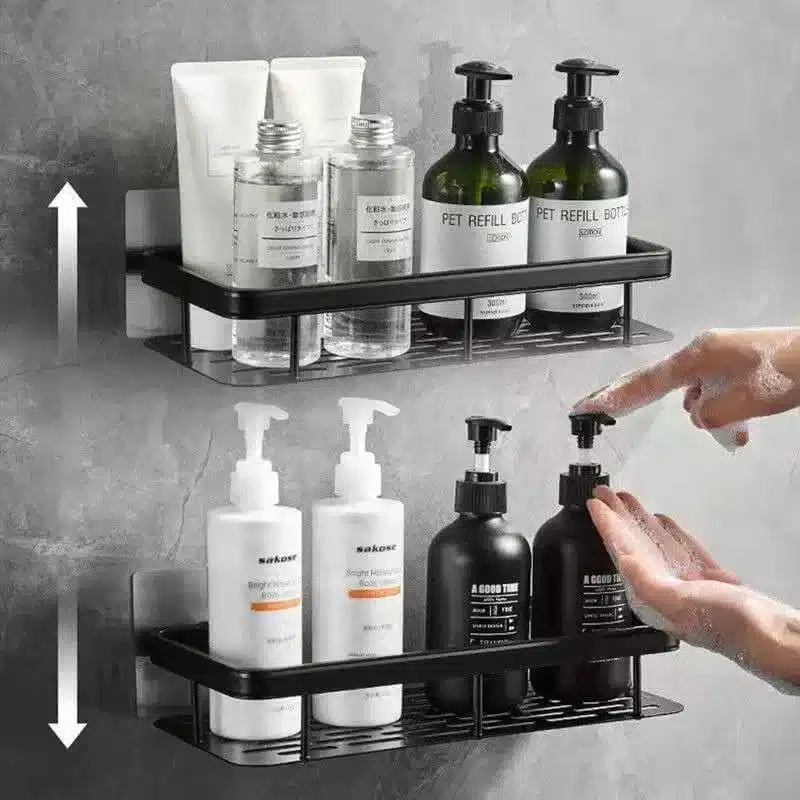 Étagère Murale Salle de Bain & Cuisine Sans Perçage – Lot de 2 Organisateurs Adhésifs en Aluminium Noir