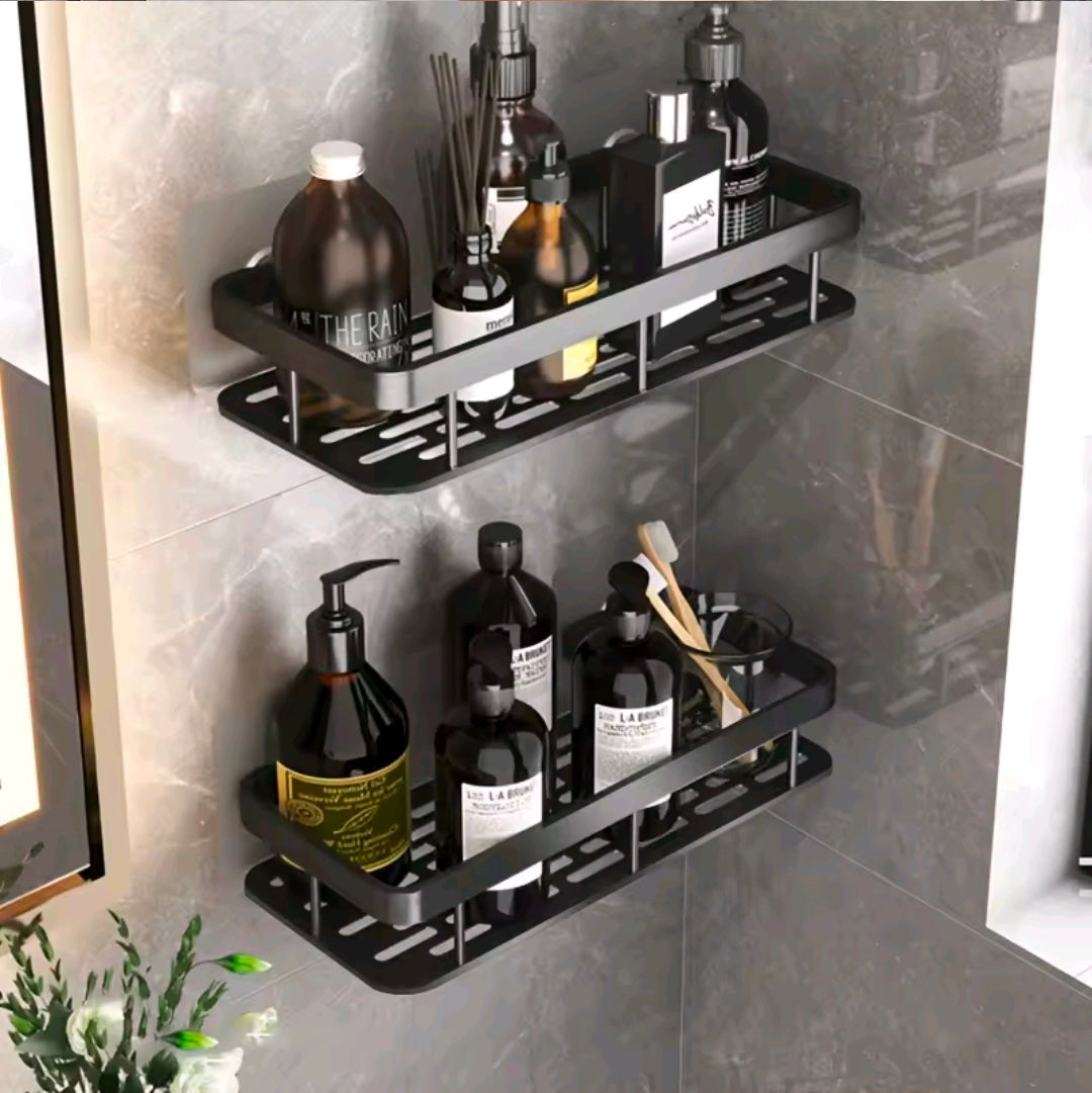 Étagère Murale Salle de Bain & Cuisine Sans Perçage – Lot de 2 Organisateurs Adhésifs en Aluminium Noir