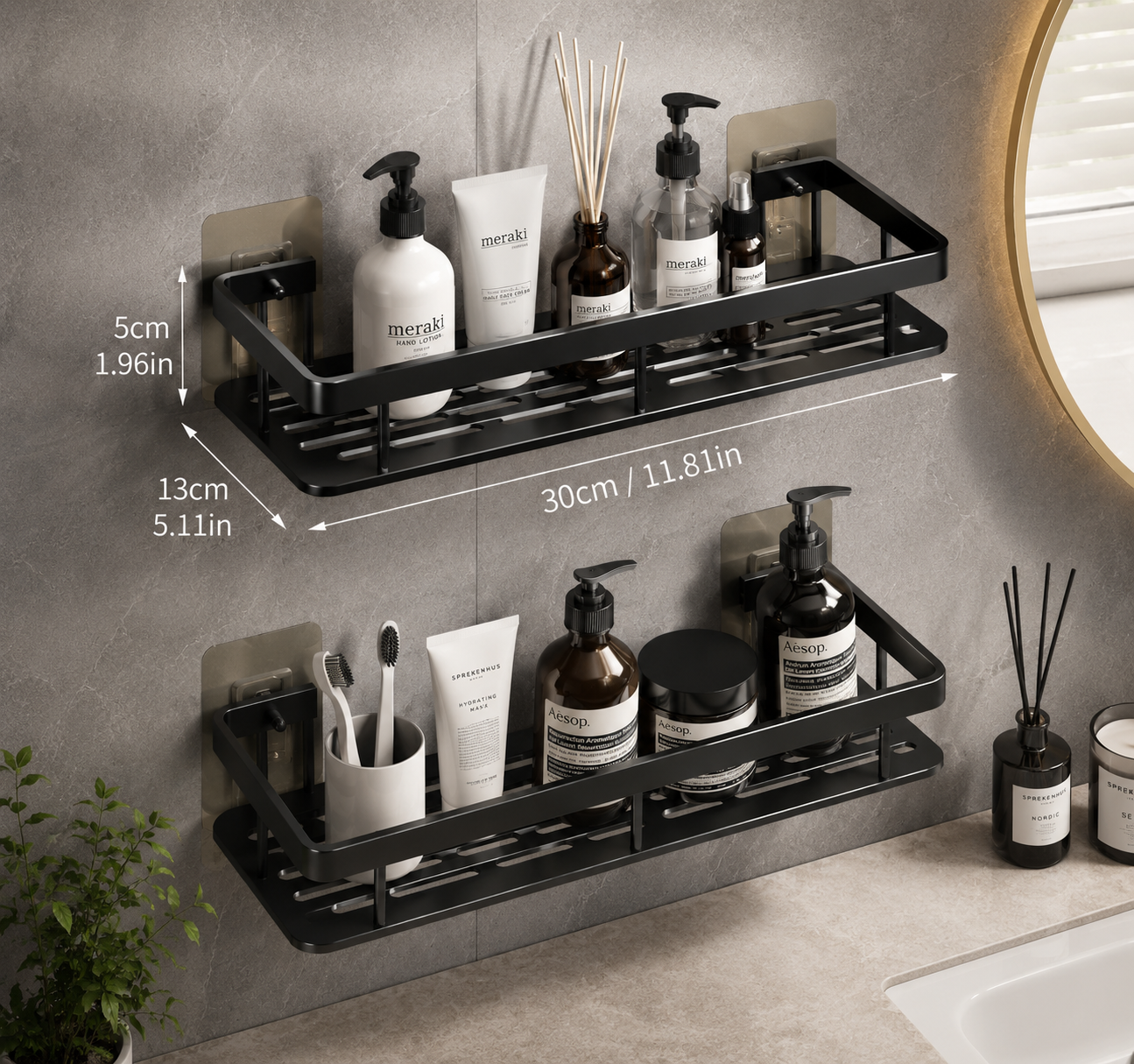 Étagère Murale Salle de Bain & Cuisine Sans Perçage – Lot de 2 Organisateurs Adhésifs en Aluminium Noir
