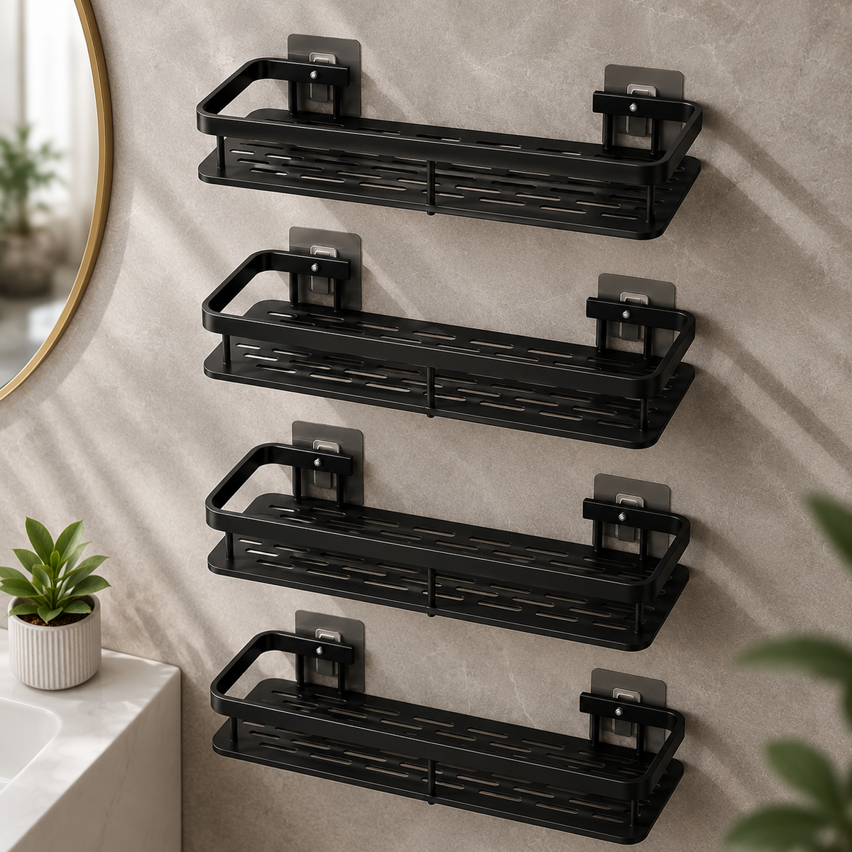 Étagère Murale Salle de Bain & Cuisine Sans Perçage – Lot de 2 Organisateurs Adhésifs en Aluminium Noir