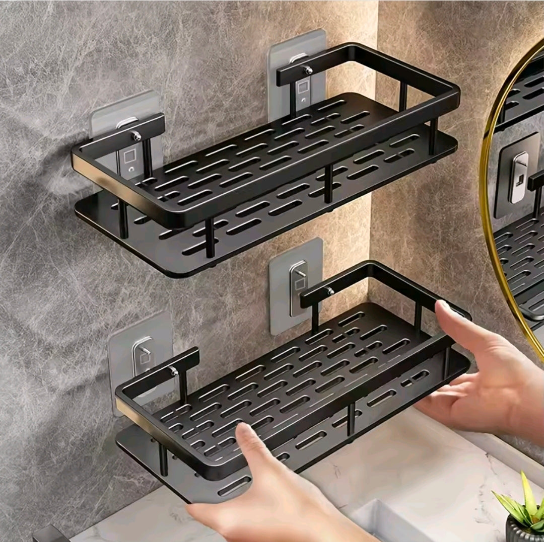 Étagère Murale Salle de Bain & Cuisine Sans Perçage – Lot de 2 Organisateurs Adhésifs en Aluminium Noir